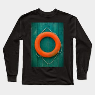 Orange Lifesaver on Green Wooden Wall Long Sleeve T-Shirt